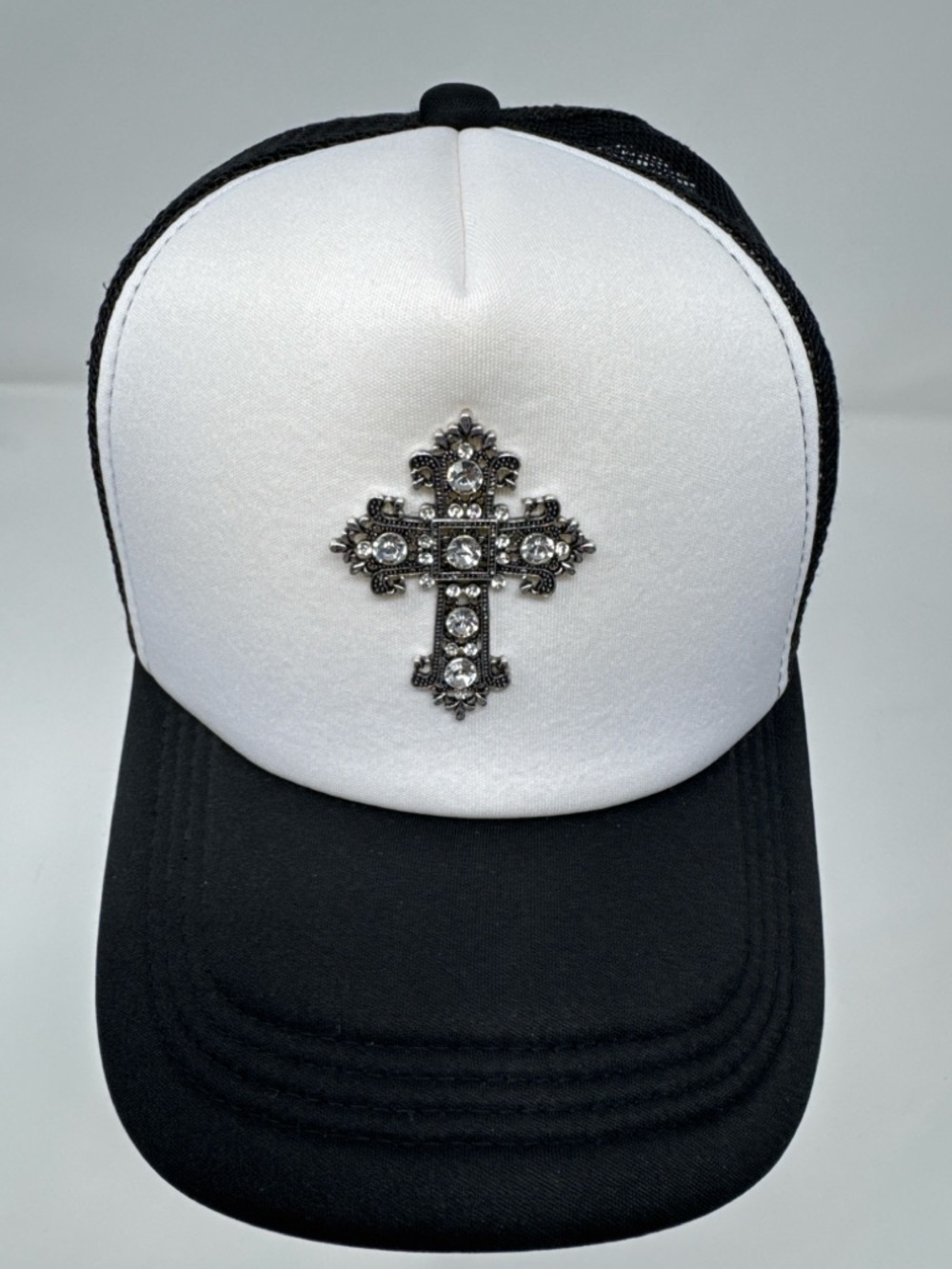 Black White Trucker Hat Rhinestone Cross SnapBack NWOT